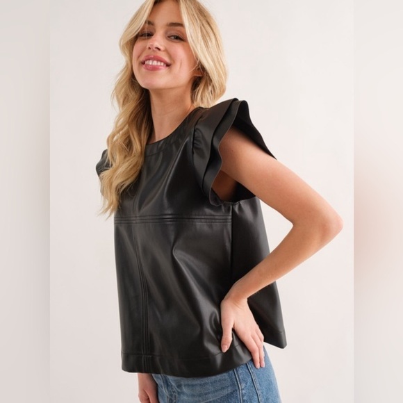 Cute! Black Faux Leather Top w/Ruffled Sleeves - Picture 2 of 5